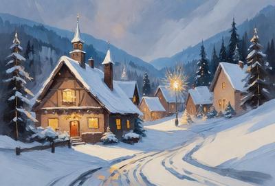 The primary subject of the image is a snow-covered village with a church and several houses. The setting is a winter landscape with snow-covered ground and trees. The visual style is a painting, which gives the scene a warm and cozy atmosphere. The dominant colors are white, gray, and brown, which are typical of snowy landscapes.